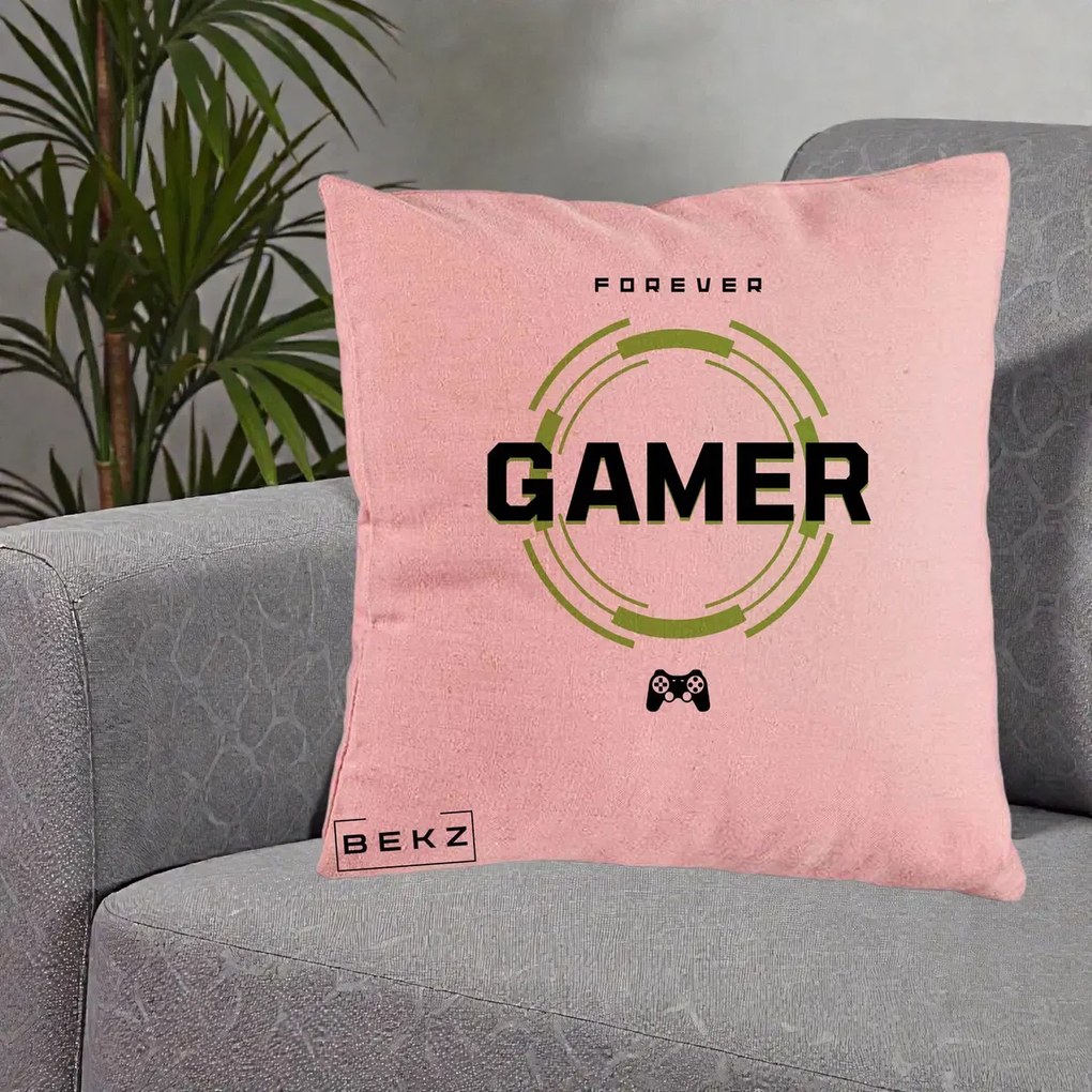 Perna Personalizata Forever Gamer, 40x40 cm, Roz, Husa Detasabila, Perna Inclusa, BEKZ®