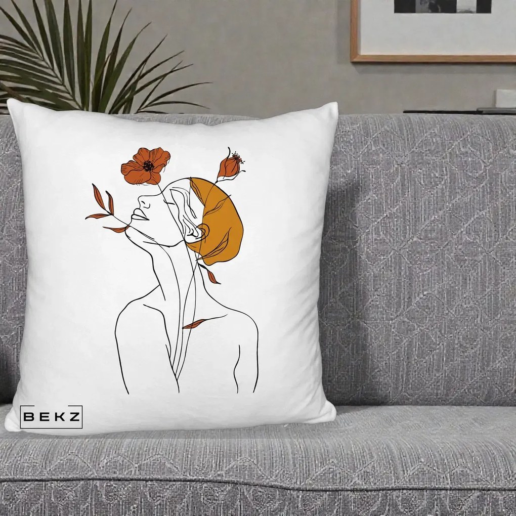 Perna Decorativa Portret Feminin Mac Privire Inalta, 40x40 cm, Alb Pufos, Husa Detasabila, Perna Inclusa, BEKZ®