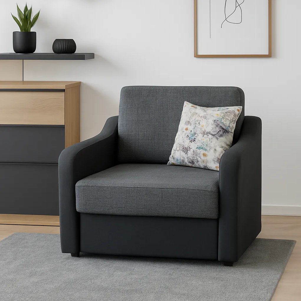 Fotoliu SAMY extensibil, cu lada de depozitare, stofa negru cu gri , cadru metalic, 103x100x92 Negru + Gri, Stofa