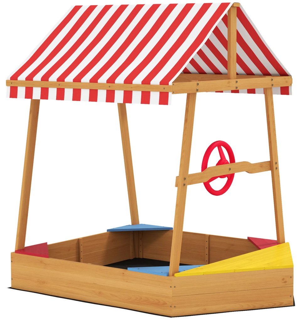 AIYAPLAY Bacă de nisip pentru copii în formă de barcă cu acoperiș anti-UV, scaune, roată de guvernare și fund protector, 133 x 101 x 141 cm | Aosom Romania