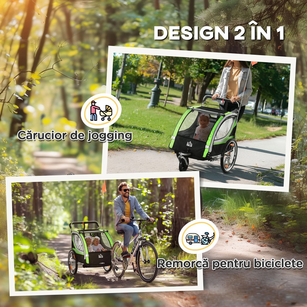 HOMCOM Remorcă Bicicletă pentru Copii, Design 2 în 1 cu Frână și Centură de Siguranță, 142x75x101 cm, Albastru | Aosom Romania