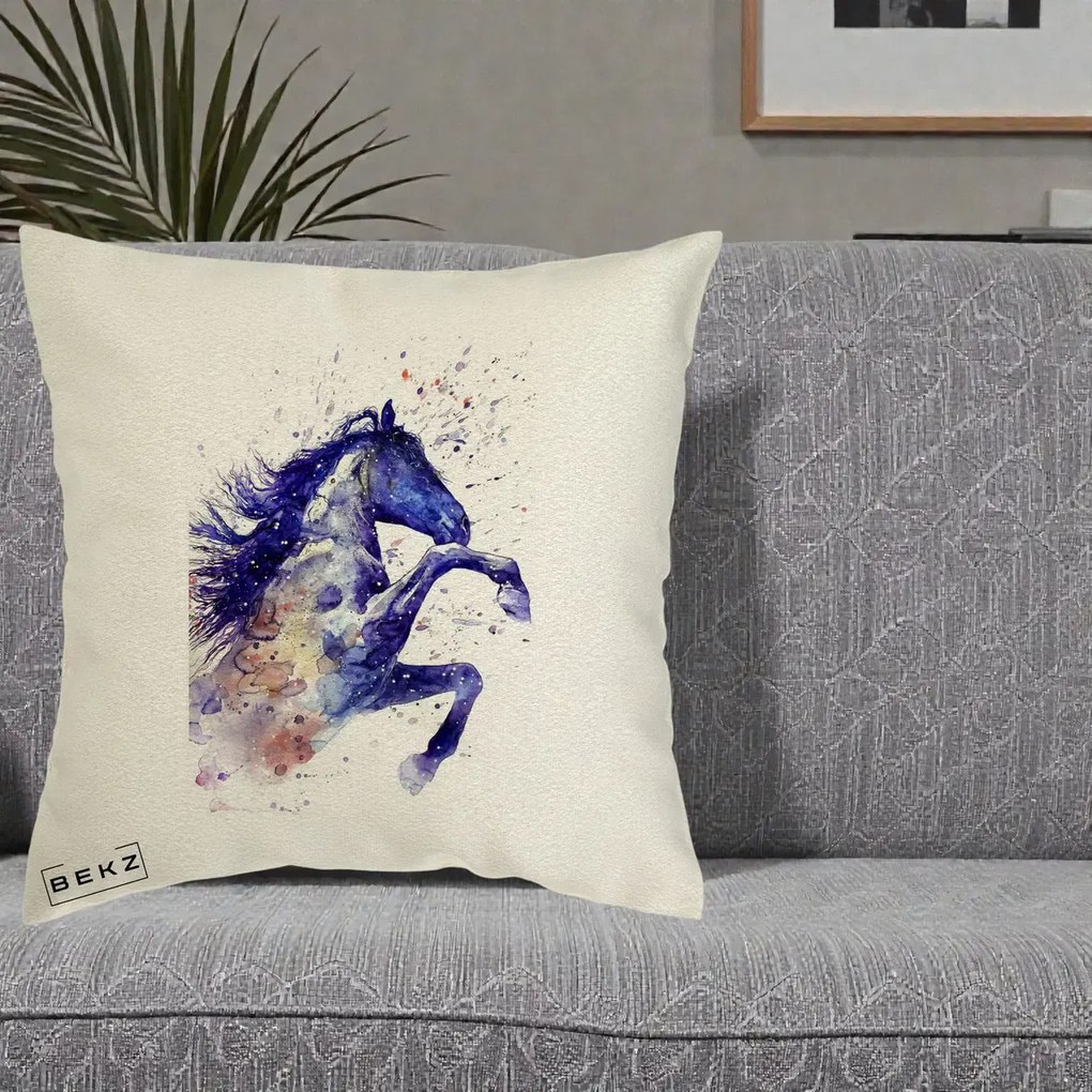 Perna Decorativa Cal Albastru Acuarela, 40x40 cm, Ecru, Husa Detasabila, Perna Inclusa, BEKZ®