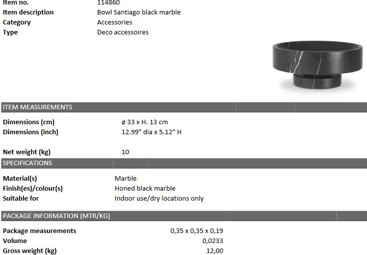 Bol/ Obiect decorativ din marmura Santiago negru 114860 HZ