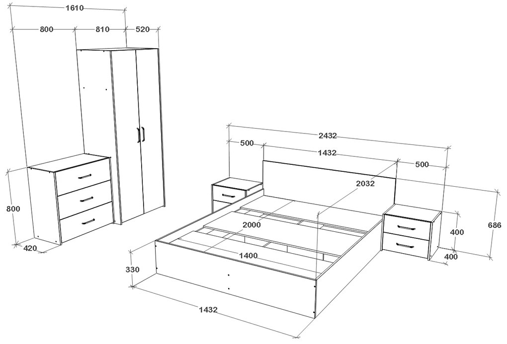 Set haaus V2, Pat 200 x 140 cm, Stejar Alb/Antracit