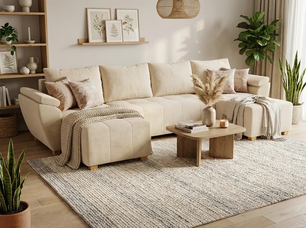 Coltar extensibil in forma de U LIVARO, crem, 305x140 cm