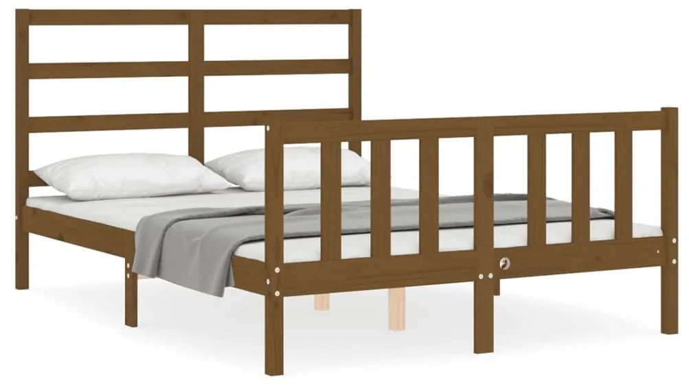 3191879 vidaXL Cadru de pat cu tăblie, dublu mic, maro miere, lemn masiv