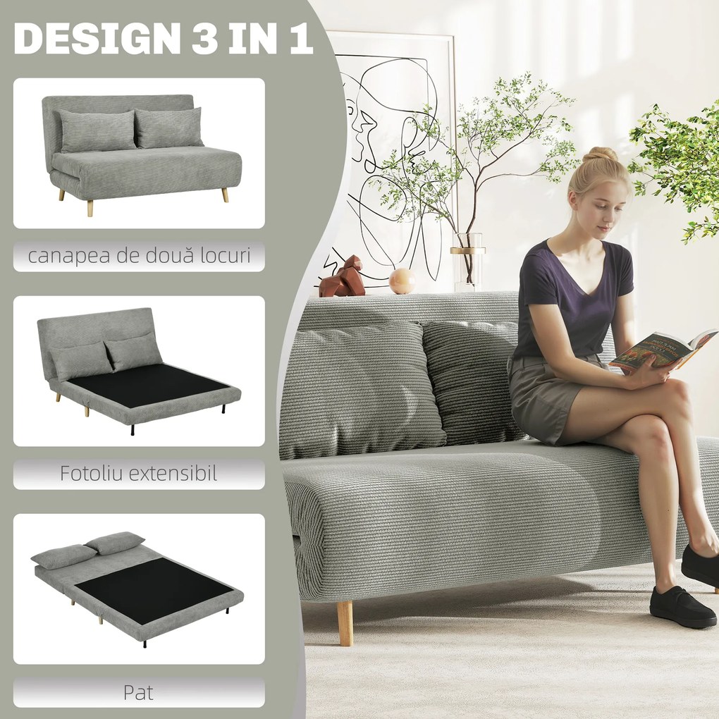 HOMCOM Canapea Extensibila cu 2 Locuri, Gri | Aosom Romania