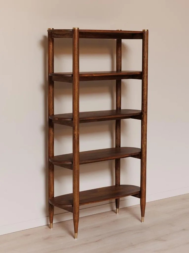 Etajeră din lemn de mango, maro, cu 5 rafturi ovale și detalii din alamă, aspect mid century, 168 x 94 x 40 cm, „Elanza”