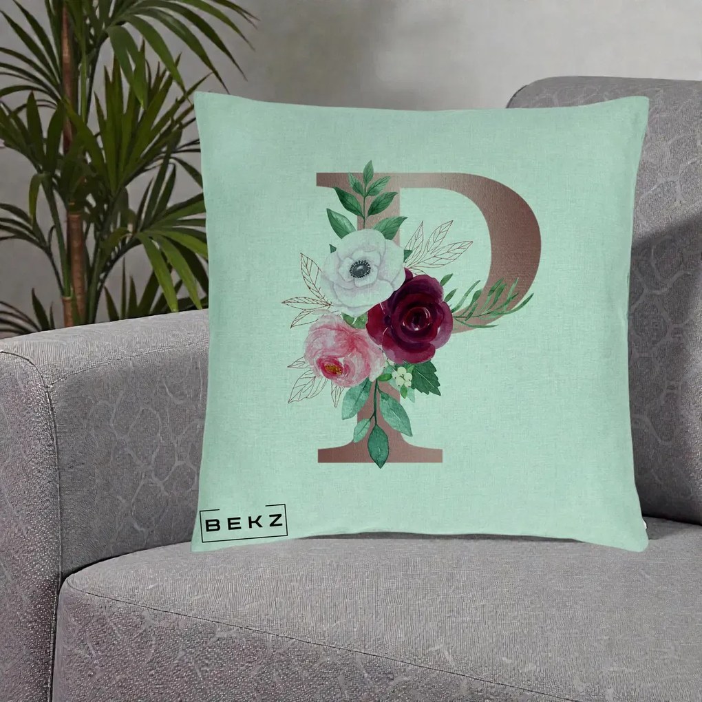 Cadou Personalizat - Perna Personalizata Monograma Rose Gold Litera P, 40x40 cm, Verde Menta, Husa Detasabila, Perna Inclusa, BEKZ®