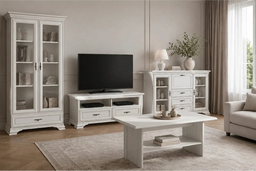 Mobilier living alb clasic IDENTO 6, format din 2 vitrine, masuta cafe