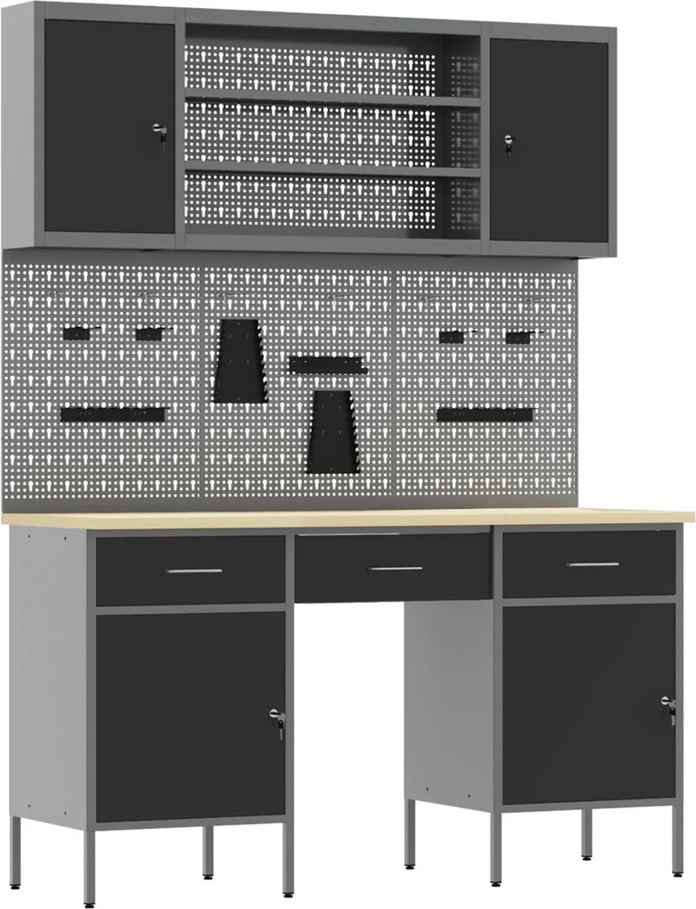 vidaXL Dulap de lucru cu sertar 10 pcs Negru Lemn ingineresc și oțel