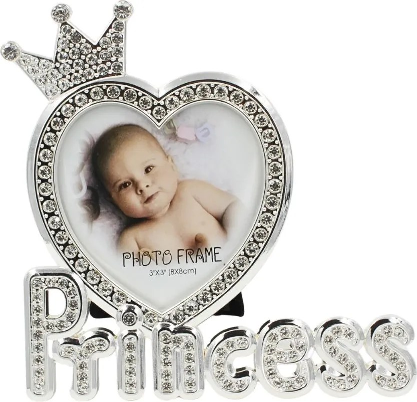 Ramă Foto Princess AZAY cu Coroană și Cristale, 8x8 cm, Ramă Foto Bebeluși, Cadou Botez / Nou-Născut, Cutie Cadou Inclusă
