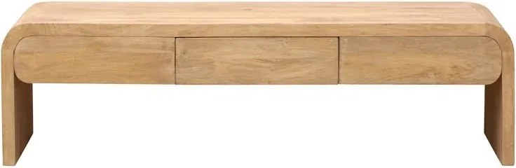 Comodă TV living din lemn de mango, natur, cu 3 sertare și laterale rotunjite în cascadă, 45,5 x 160,5 x 45,5 cm, „Losail”