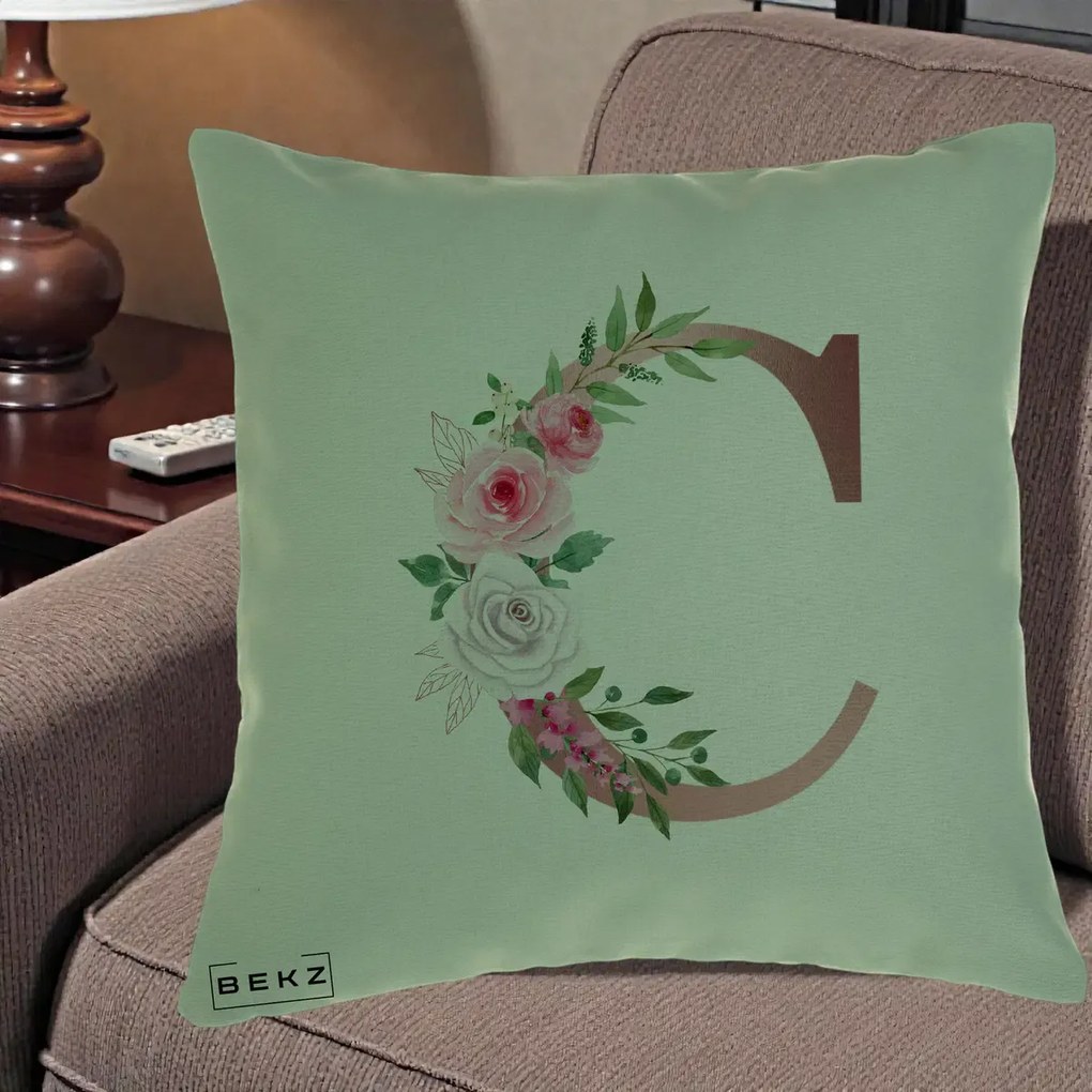 Cadou Personalizat - Perna Personalizata Monograma Rose Gold Litera C, 40x40 cm, Verde, Husa Detasabila, Perna Inclusa, BEKZ®