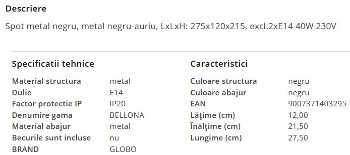 Aplica de perete/tavan metal negru/auriu BELLONA 2