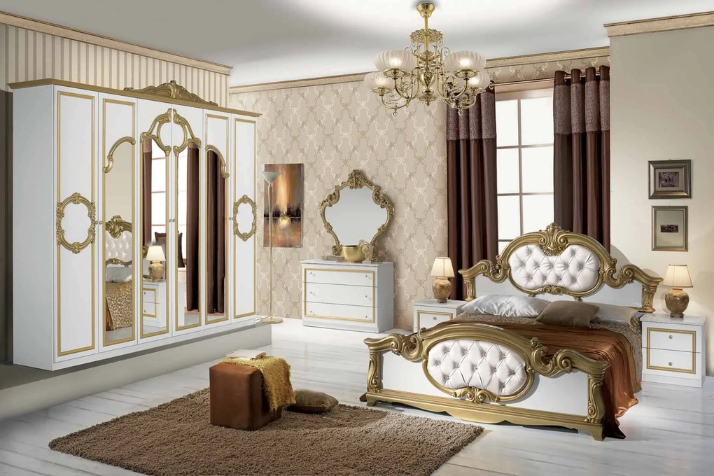 Dormitor barocco bianco, alb/auriu, pat 160x200 cm, dulap cu 6 usi, comoda, 2 noptiere