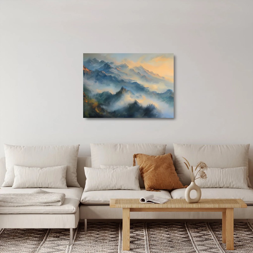 Tablou pe sticlă - Peisaj montan pictat (70x50 cm)