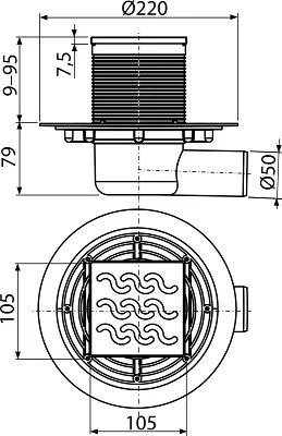 Sifon pardoseala 105Ã 105 50 mm iesire laterala, gratar din otel inoxidabil, sistem de retinere a mirosurilor umed APV102