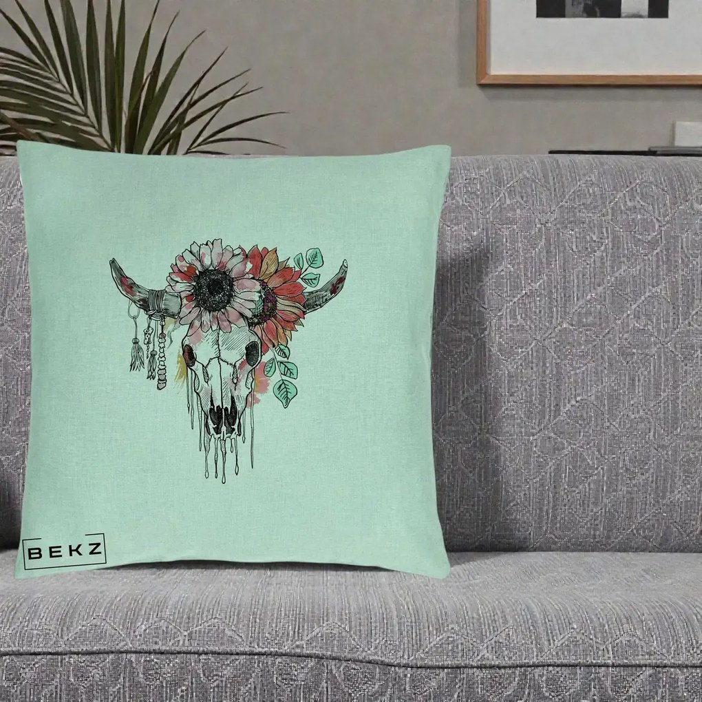 Perna Decorativa Craniu Boho Floral, 40x40 cm, Verde Menta, Husa Detasabila, Perna Inclusa, BEKZ®