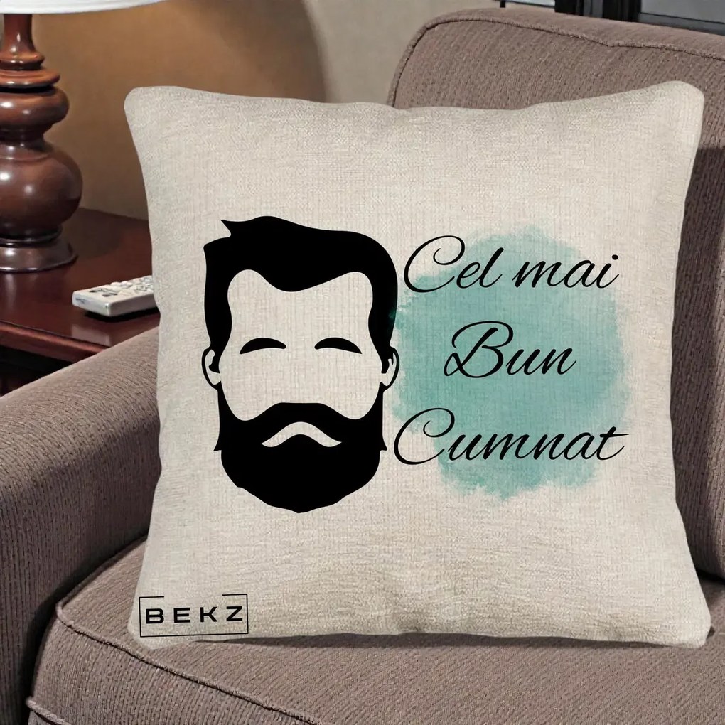 Cadou pentru Cumnat - Perna Personalizata Cel mai Bun Cumnat cu Portret Barbat si Pete Teal, 40x40 cm, Bej Canapea, Husa Detasabila, Perna Inclusa, BEKZ®