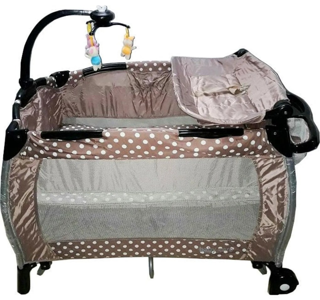 Patut Pliant rotund cu balansoar, Tarc copii Baby Care™ ROUND NEST, Pliabil pe 2 Niveluri cu muzica si Masa infasat, Jucarie Carusel cu jucarii din