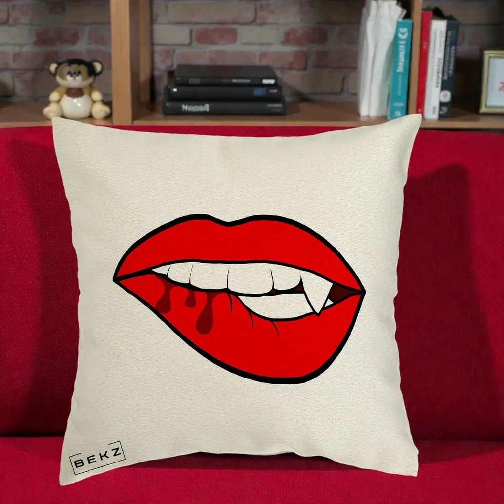 Perna Decorativa Vampire Lips Halloween, 40x40 cm, Ecru, Husa Detasabila, Perna Inclusa, BEKZ®