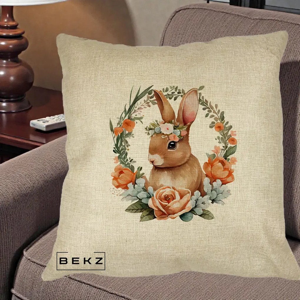 Perna Decorativa Iepuras Floral Coronita Acuarela, 40x40 cm, Crem, Husa Detasabila, Perna Inclusa, BEKZ®
