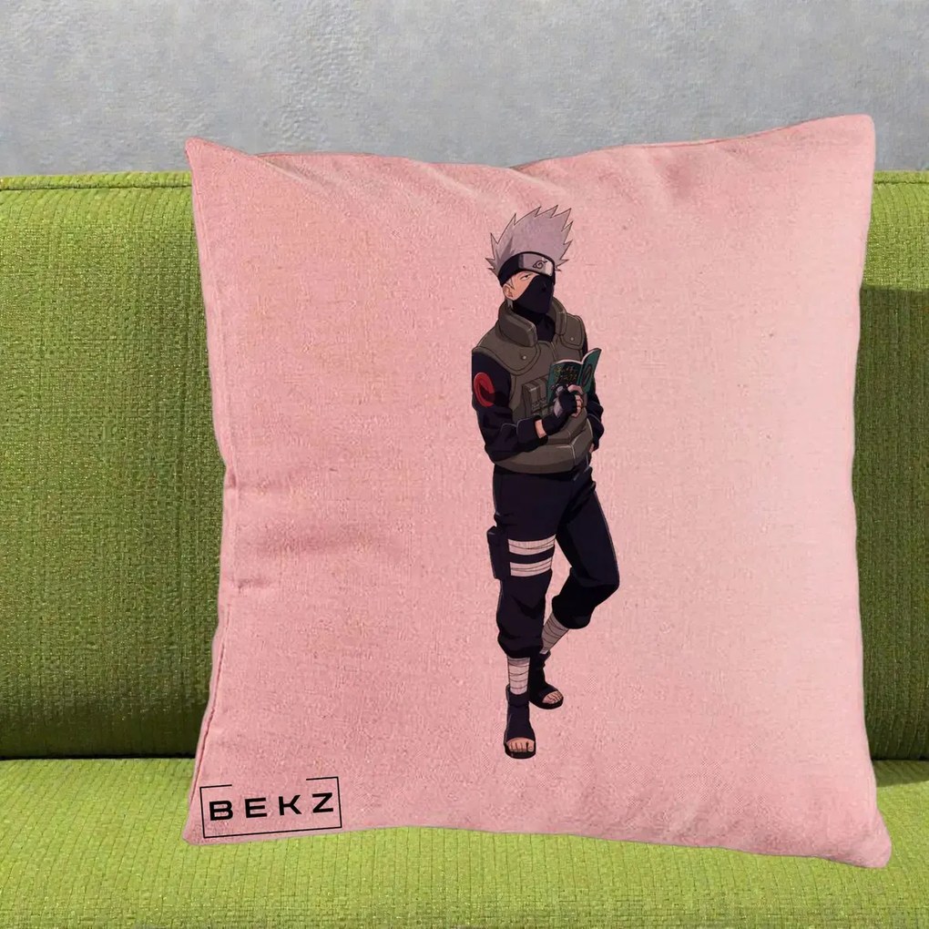 Perna Personalizata Naruto Kakashi Hatake Portret Complet, 40x40 cm, Roz, Husa Detasabila, Perna Inclusa, BEKZ®