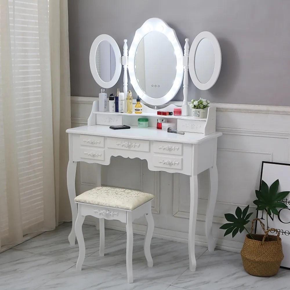 Set ILINCA – Masă de Toaletă pentru Machiaj, cu 3 oglinzi, Iluminare LED, Control Touch, 7 sertare, Scaun, Alb