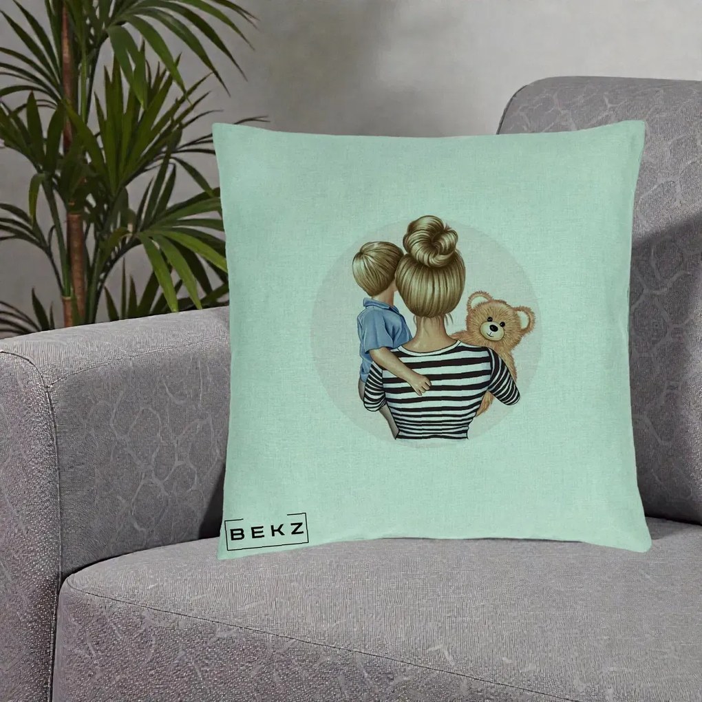 Cadou pentru Mama - Perna Personalizata Mama si Baietelul cu Ursulet, 40x40 cm, Verde Menta, Husa Detasabila, Perna Inclusa, BEKZ®