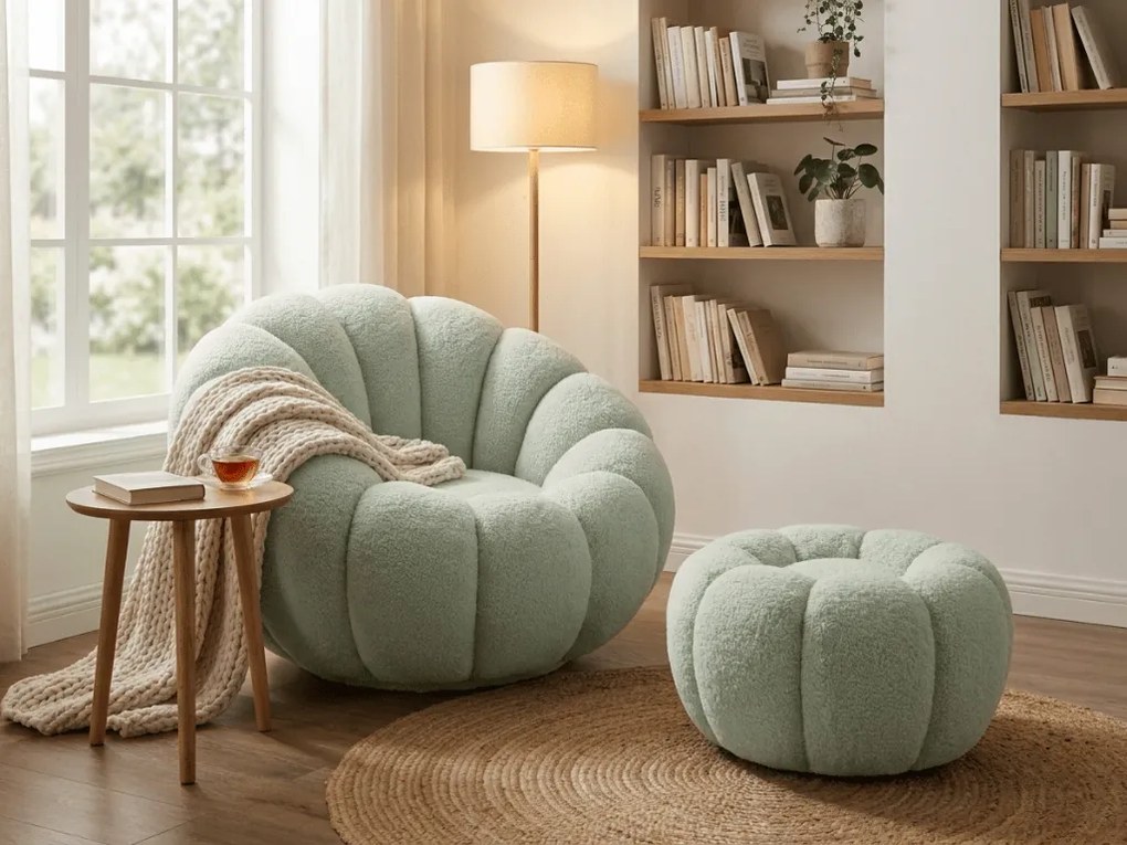 Fotoliu de design rotativ BLOOM cu taburet, verde deschis