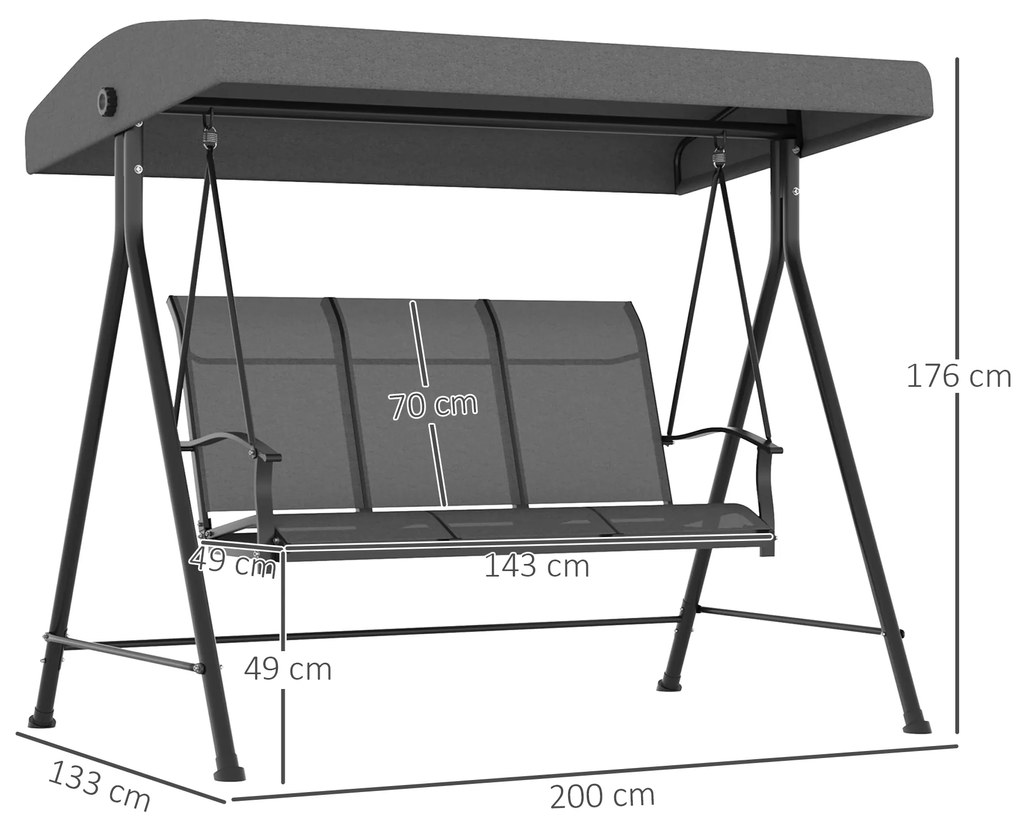 Outsunny Balansoar de Grădină cu 3 Locuri, Copertină Reglabilă și Picioare Anti-alunecare, 195x118x170 cm, Gri Închis | Aosom Romania
