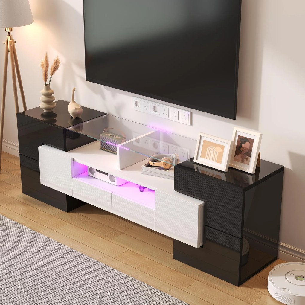 Dulap TV cu iluminare LED, suprafețe din sticlă, cu 6 uși, 2 sertare și 3 compartimente, 145x30x51 cm, Alb+Negru