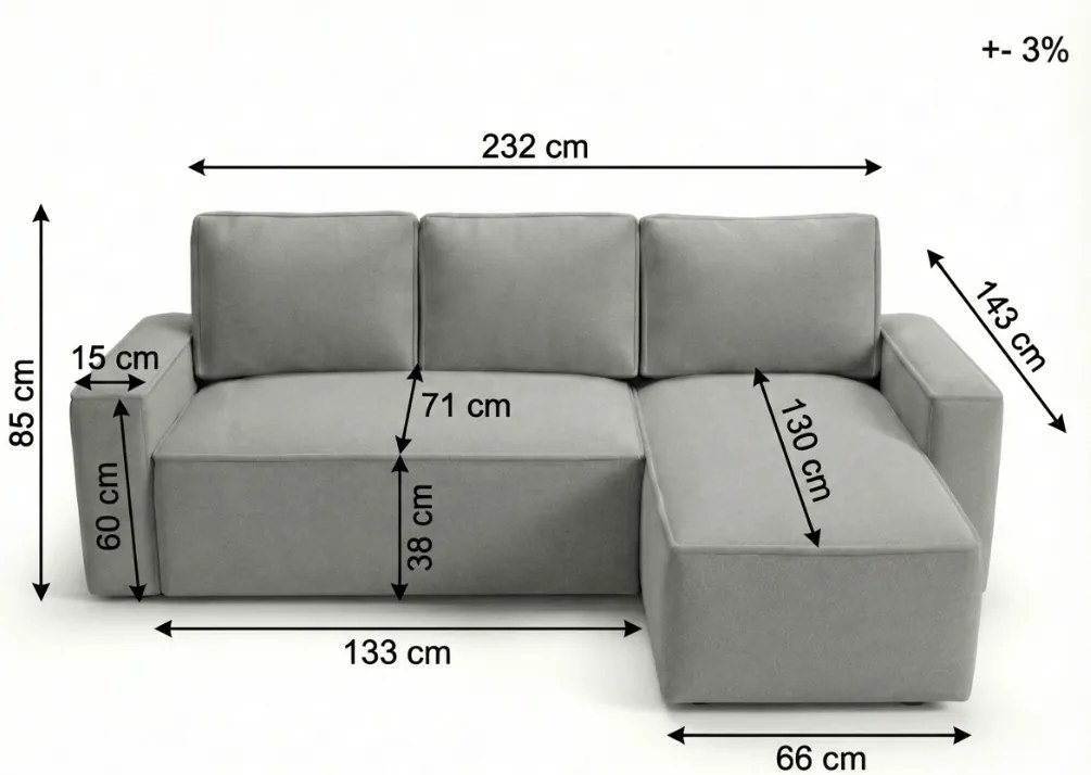 Canapea extensibila de colt SMART BOUCLE, gri-bej, reversibila, 232x143 cm