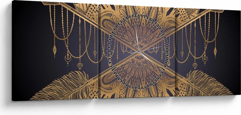 Tablou - Mandala aurie cu săgeți (cu ceas) (90x30 cm)