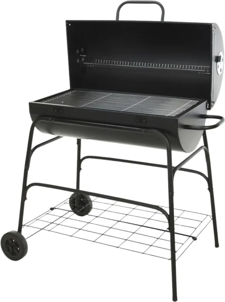 Grătar cilindric BBQ pe cărbuni, metalic, pentru grădină, 97 cm, cu roți și cu capac