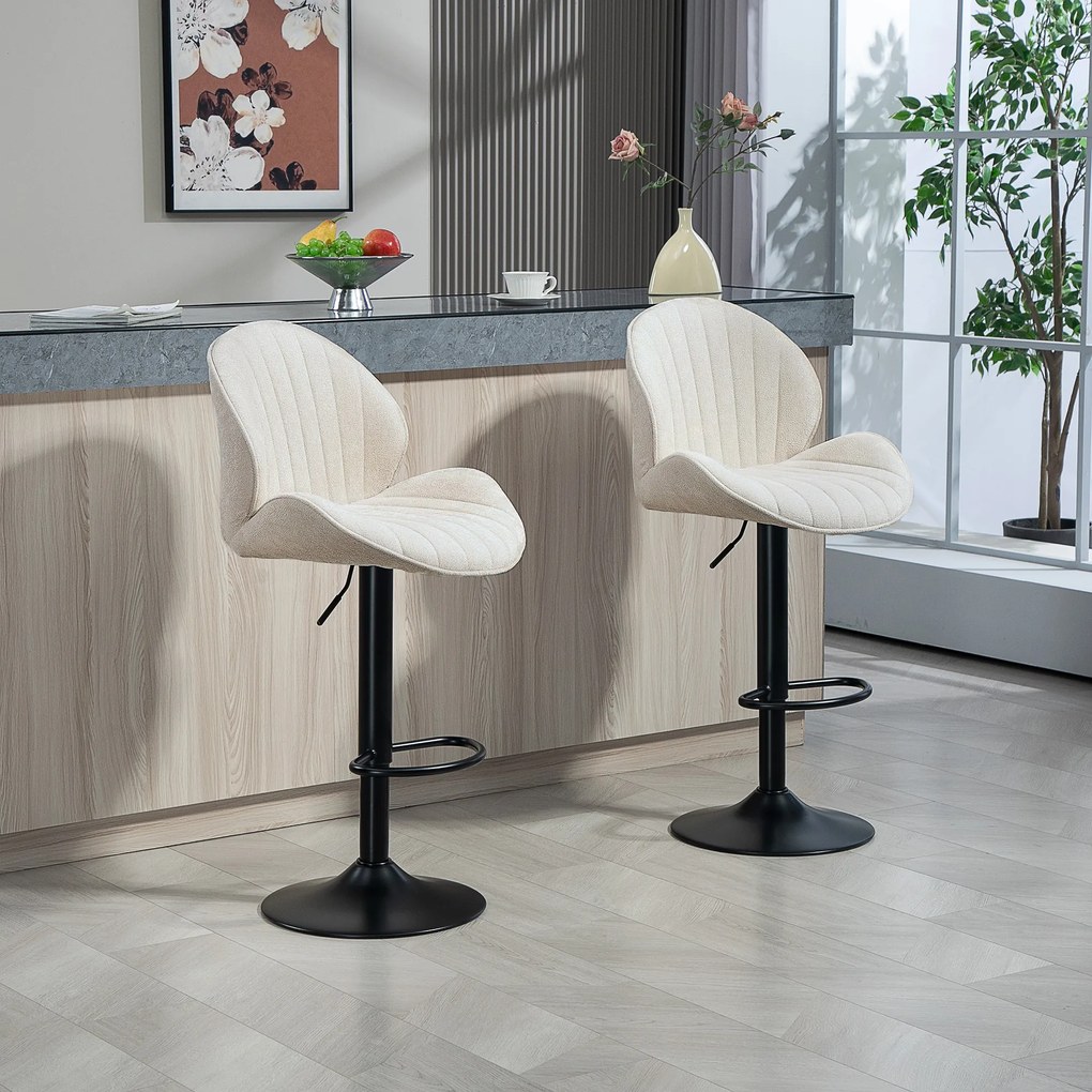 HOMCOM Set de 2 Scaune de Bar cu Suport pentru Picioare, din Țesătură cu Efect de Cinilie, 48x50x94-115 cm, Negru și Bej | Aosom Romania