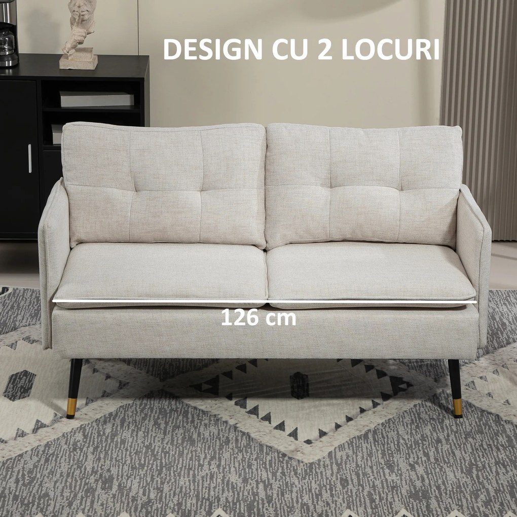 HOMCOM Divano 2 Posti in Tessuto Effetto Lino con Braccioli e Cuscini Imbottiti, Divanetto 2 Posti Moderno con Gambe in Acciaio, per Ufficio, Soggiorno, Salotto e Camera da Letto, 139x68x80 cm, Crema | Aosom Romania