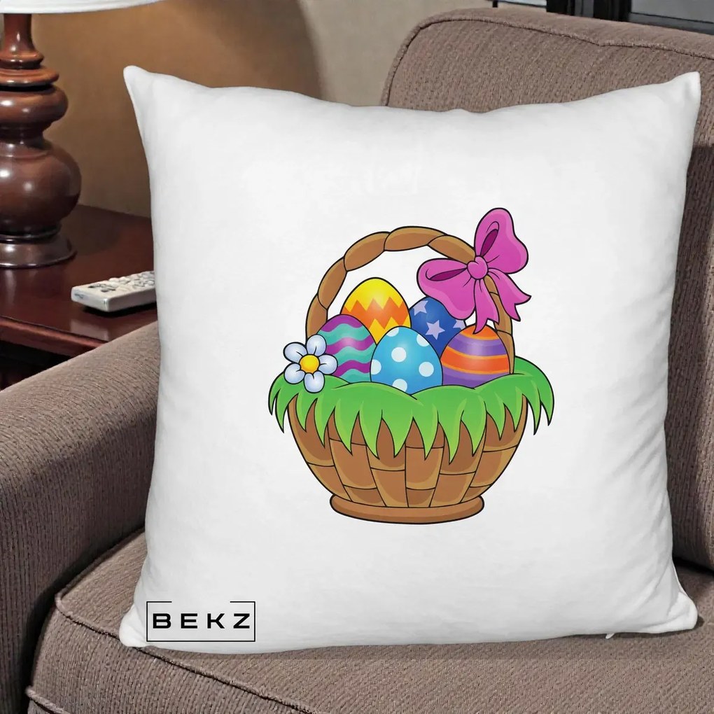 Perna Decorativa Cos cu Oua de Pasti Colorat, 40x40 cm, Alb Pufos, Husa Detasabila, Perna Inclusa, BEKZ®