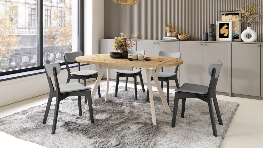 Mazzoni ALDO Stejar Artisan/picioare bej - MASĂ ROTUNDĂ EXTENSIBILĂ CU PICIOARE ÎN FORMĂ DE "Y" STIL LOFT PENTRU SALON/SUFRAGERIE