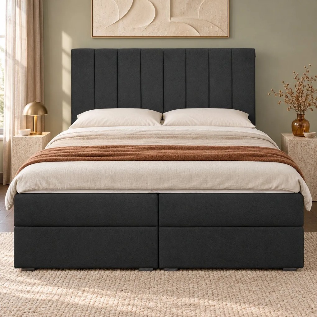 Pat boxspring din catifea Novella cu ladă 180×200 cm, gri închis