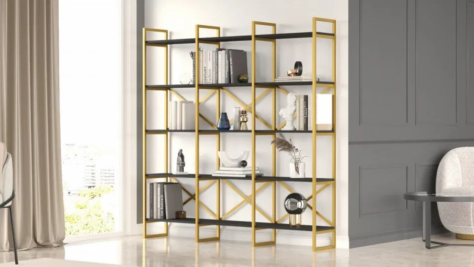 Biblioteca Living VG6-LB, PAL Melaminat, Negru / Auriu