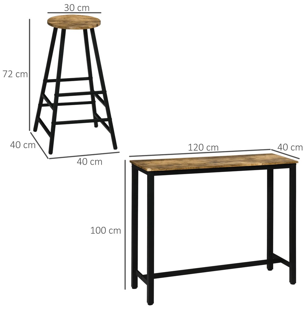 Set masa de bar industrial HOMCOM, masa dreptunghiulara cu 2 scaune | Aosom RO