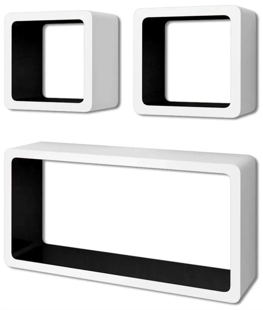 3 Rafturi cub suspendate perete, depozitare carti DVD, MDF alb-negru 3, Negru