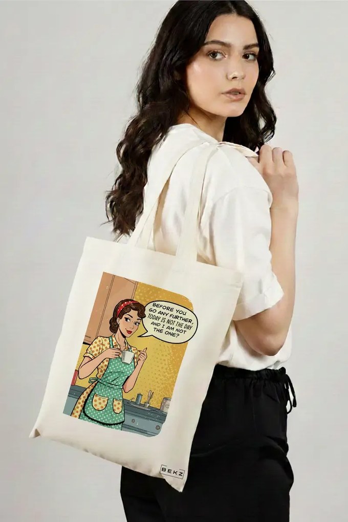Sacosa de Panza pentru Cumparaturi, Geanta Tote, model Today is not the day 38 x 34.5 cm, Alba, BEKZ®