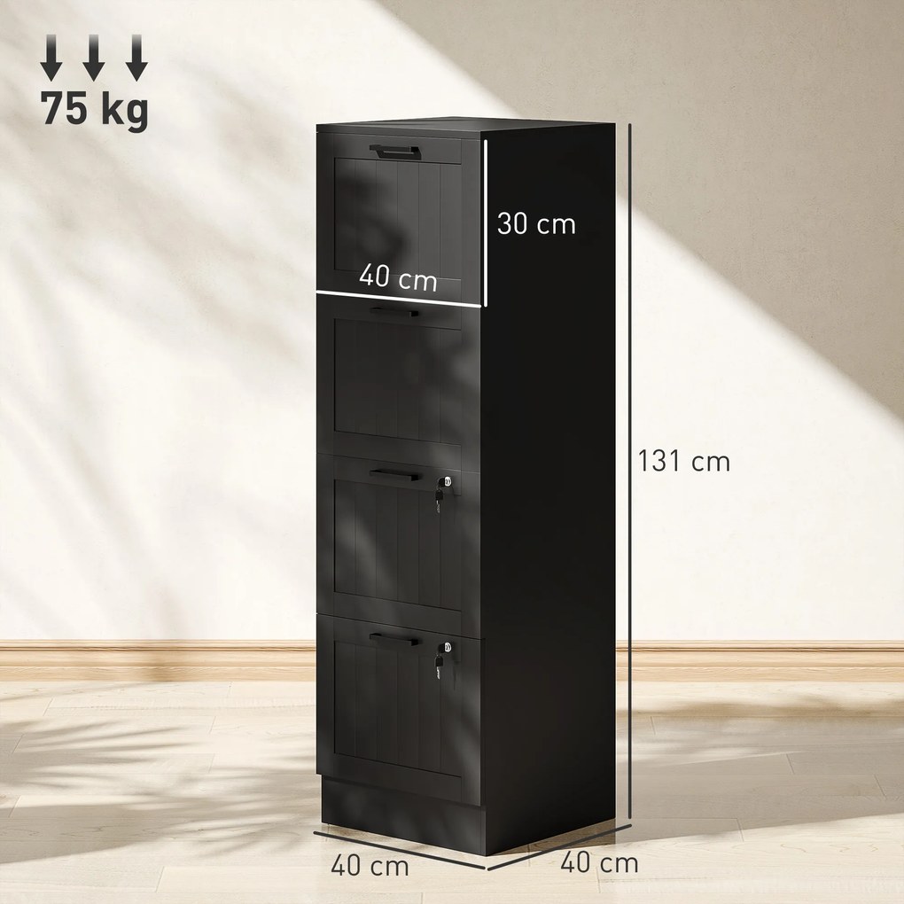 HOMCOM Comodă pentru Documente cu 4 Sertare, Șină Reglabilă, 2 Chei și 2 Încuietori, 40x40x131 cm, Negru | Aosom Romania