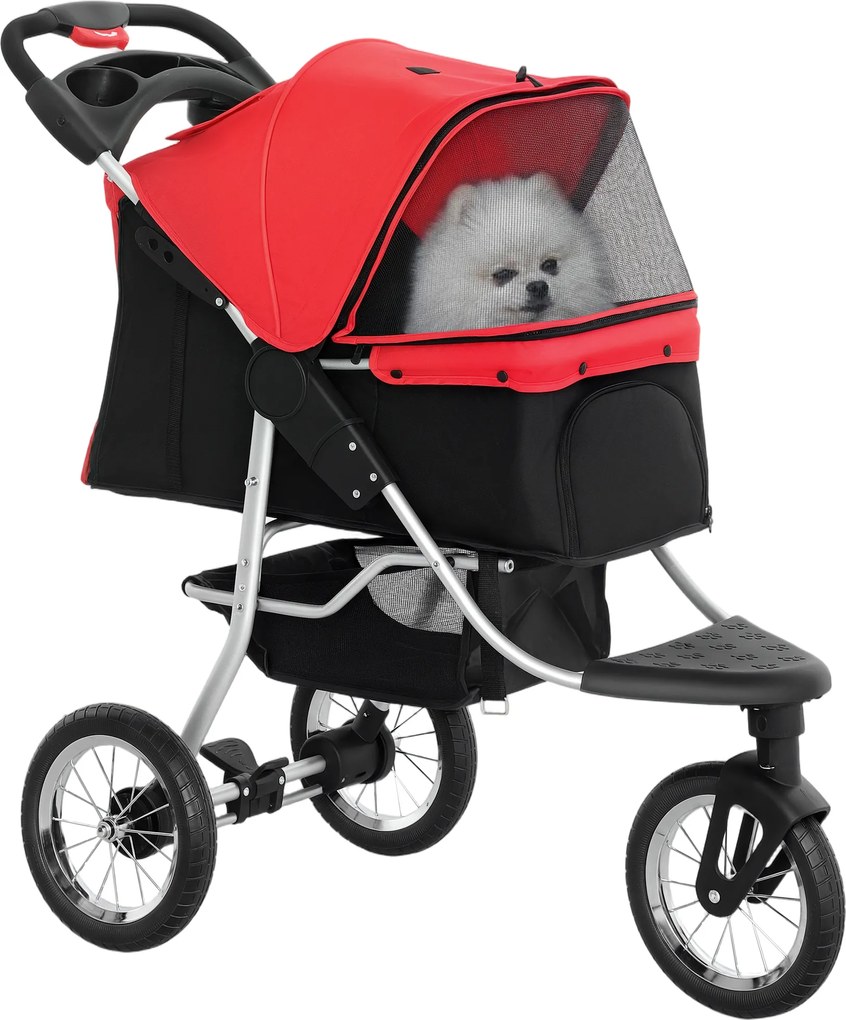 PawHut Cărucior pliabil pentru câini Cărucior pentru câini &amp; pisici până la 10 kg Cărucior pentru pisici cu ferestre din plasă Suport pentru băuturi Coș de depozitare Cărucior pentru pisici Buggy Roșu | Aosom Romania