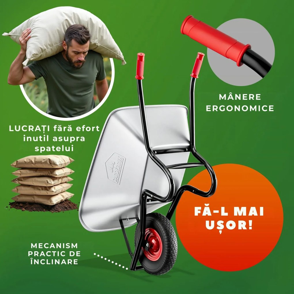 Roabă BARRY zincată, capacitate max. 100l/250kg, argintiu/negru Gardebruk