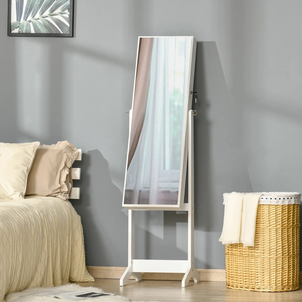 HOMCOM Oglindă Portbijuterii, Dulap Portbijuterii cu Unghi Reglabil, Organizator pentru Inele, Coliere, Cercei, Încuietoare cu Cheie, pentru Dormitor, Living, 46x36.5x151.5cm, Alb | Aosom Romania