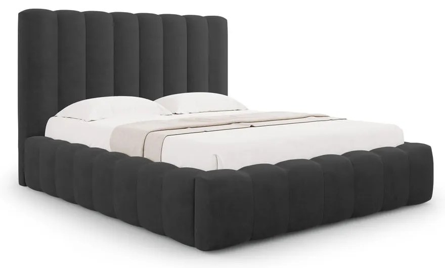 Pat matrimonial gri antracit tapițat cu spațiu de depozitare cu somieră 200x200 cm Kelp – Micadoni Home